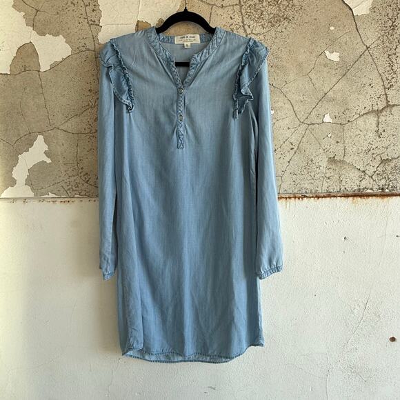 Anthropologie Dress Denim Chambray 100% Tencel Ruffle Long Sleeve Cloth Stone M - Picture 2 of 9